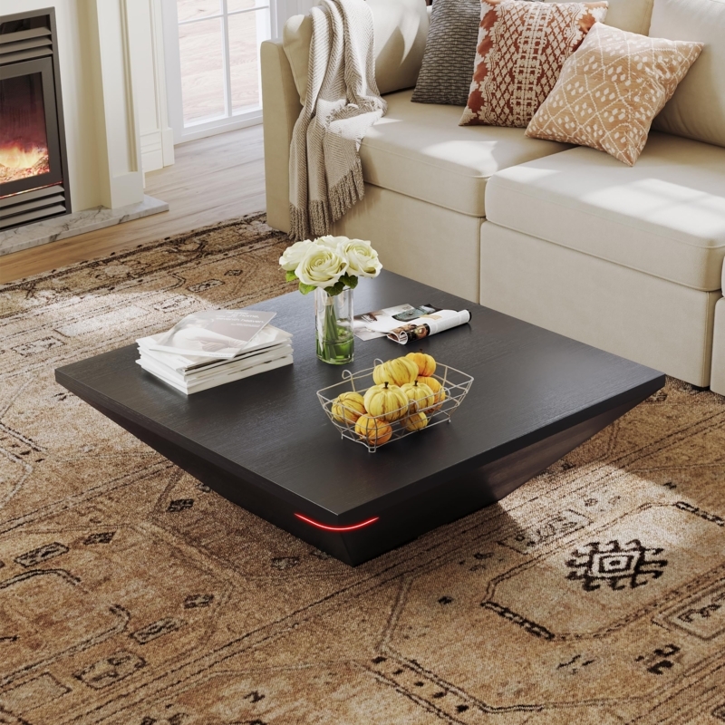 Square Coffee Table LED Lighting Trapezoidal Base Matte Black Modern
