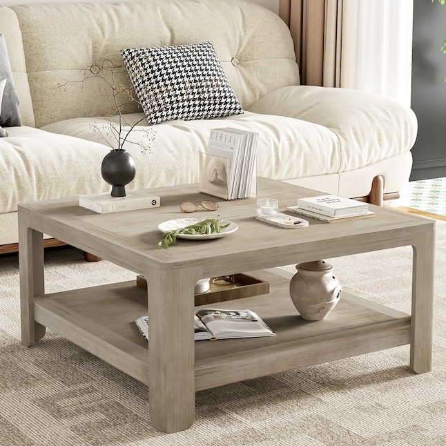 Square Coffee Table Light Grey Ash Integrated Shelf Rounded Corners Chunky