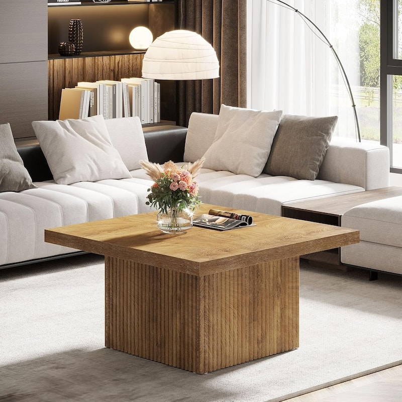 Square Coffee Table Overhanging Top Pedestal Base Japandi Textured Grain