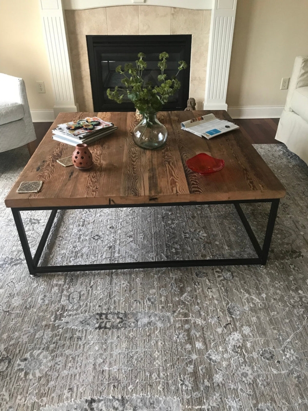Square Coffee Table Rustic Industrial Plank Top Metal Legs Extra Large