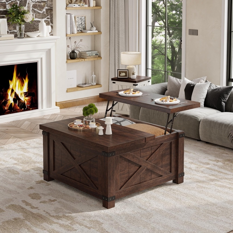 Square Coffee Table Split Lift Top Farmhouse Storage Walnut Brown X-Brace