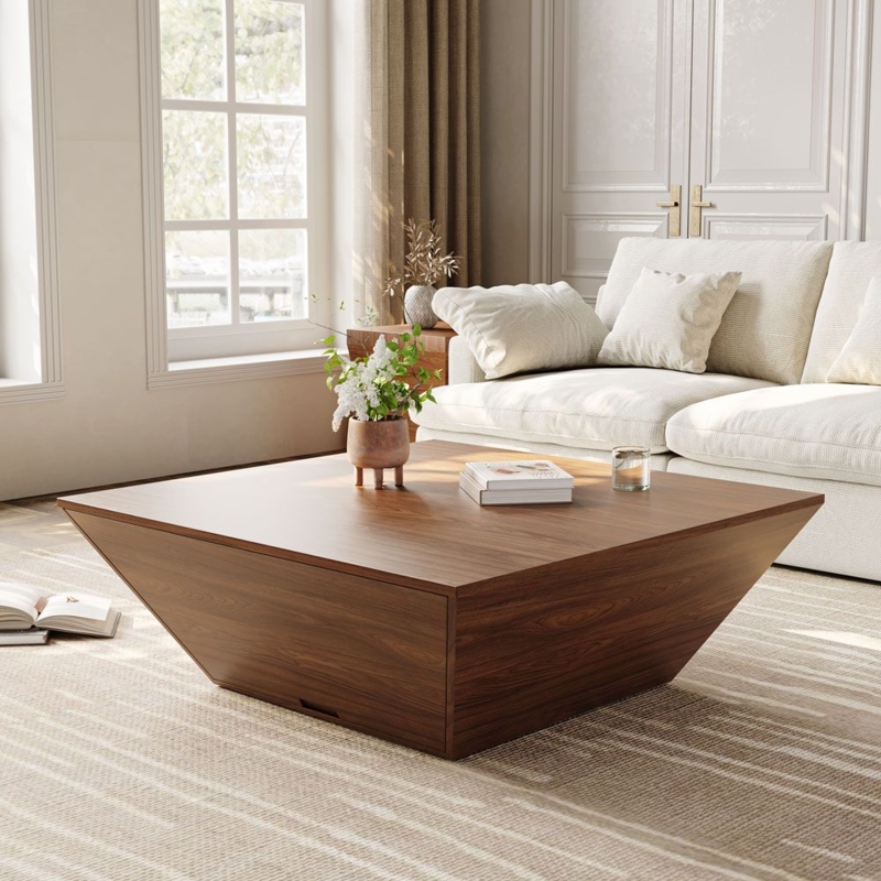 Square Coffee Table Walnut Veneer Trapezoid Base Hidden Storage Drawer