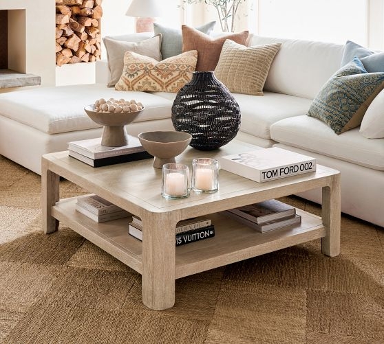 Square Coffee Table Whitewashed Finish Rounded Legs Two Tier Shelf