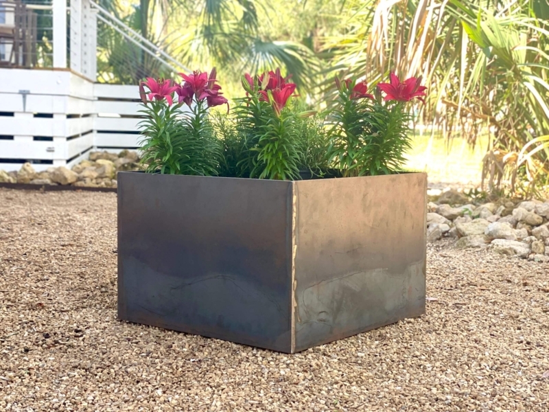 Square Corten Steel Planter Box with Weathered Patina