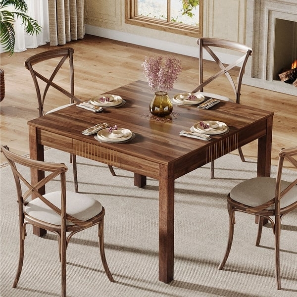 Square Dining Set Walnut Brown with Cross Back Chairs and Upholstered Seats