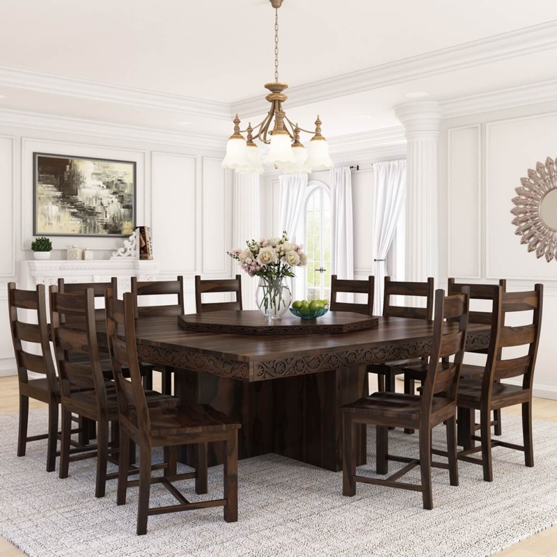Square Dining Table Set, 12 Person, Carved Apron Lazy Susan