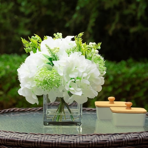 Square Glass Vase Floral Arrangement with Mixed Greenery and Faux Water