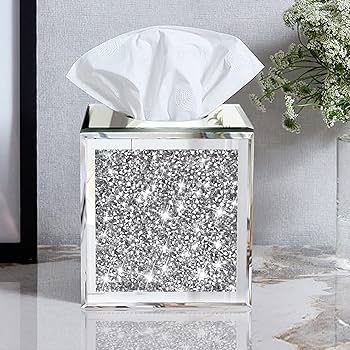 Square Mirrored Tissue Box Cover with Crushed Diamond Inlay