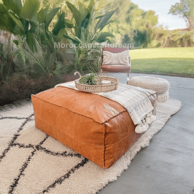 Square Ottoman Coffee Table in Caramel Leather-Like Stitched Panels