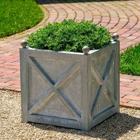 Square Planter Weathered Zinc Crossbuck Motif Spherical Finials