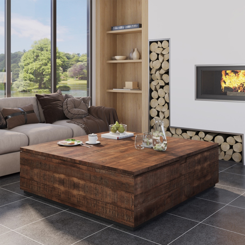 Square Trunk Coffee Table Weathered Wood Dual Top Opening Plank Design