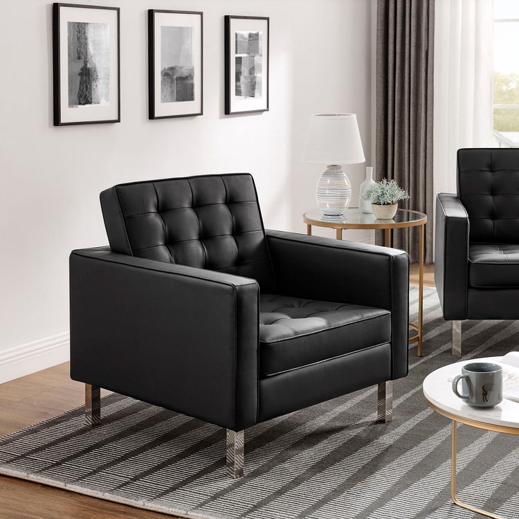 Square Tufted Armchair with Polished Silver Legs