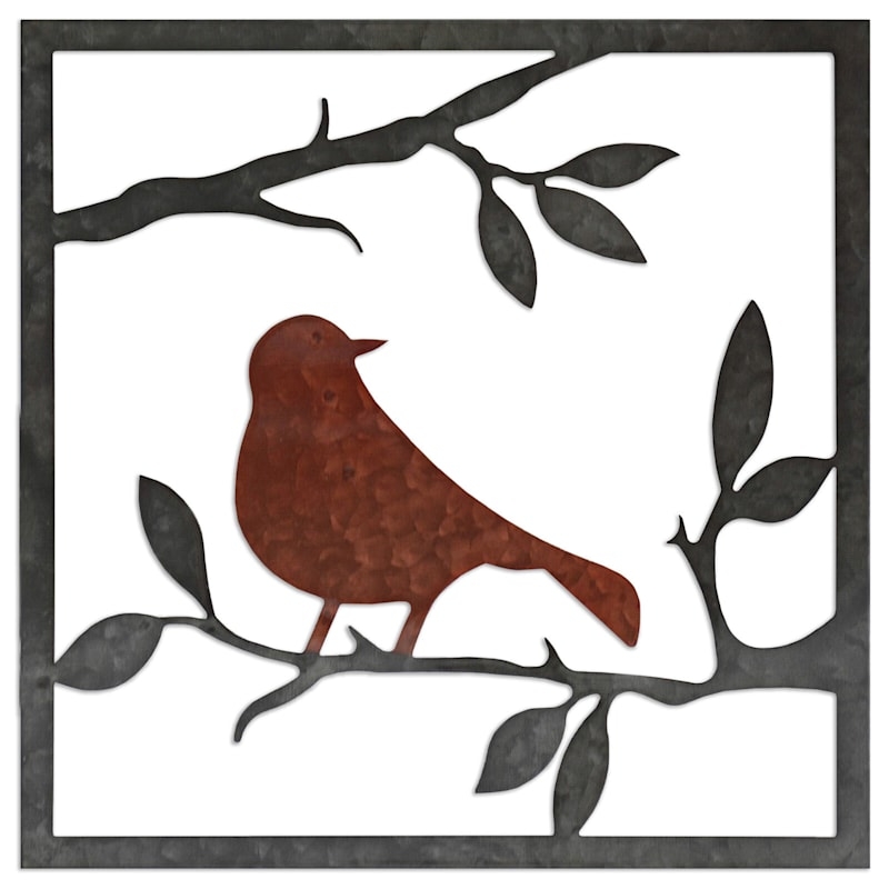 Square Wall Art: Hammered Metal Bird on Branch with Red Accent