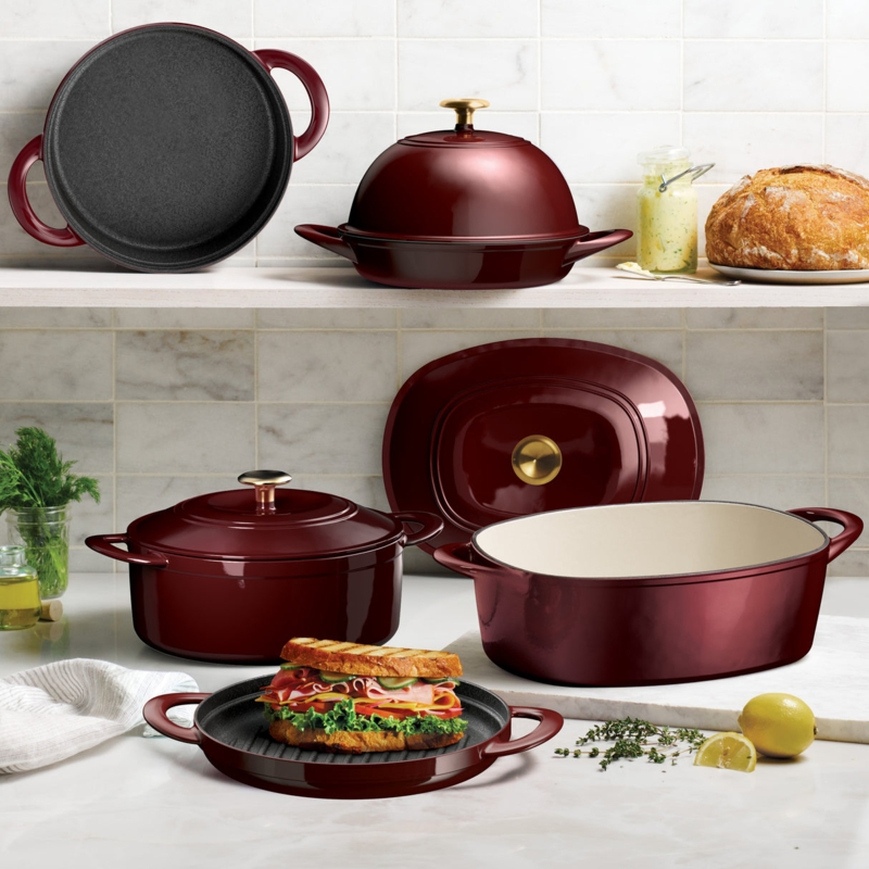Stackable Cookware Set in Glossy Cranberry Enamel with Gold Hardware