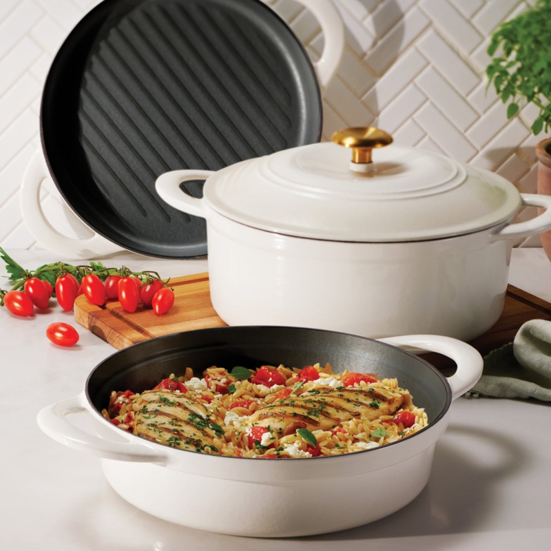 Stackable Cookware Set in Latte White Enamel with Matte Interior