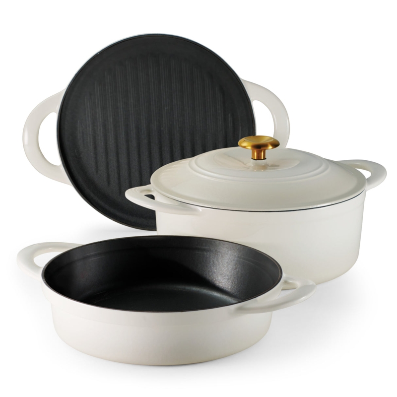 Stackable Cookware Set in Semi-Gloss Latte with Gold Lid Knob