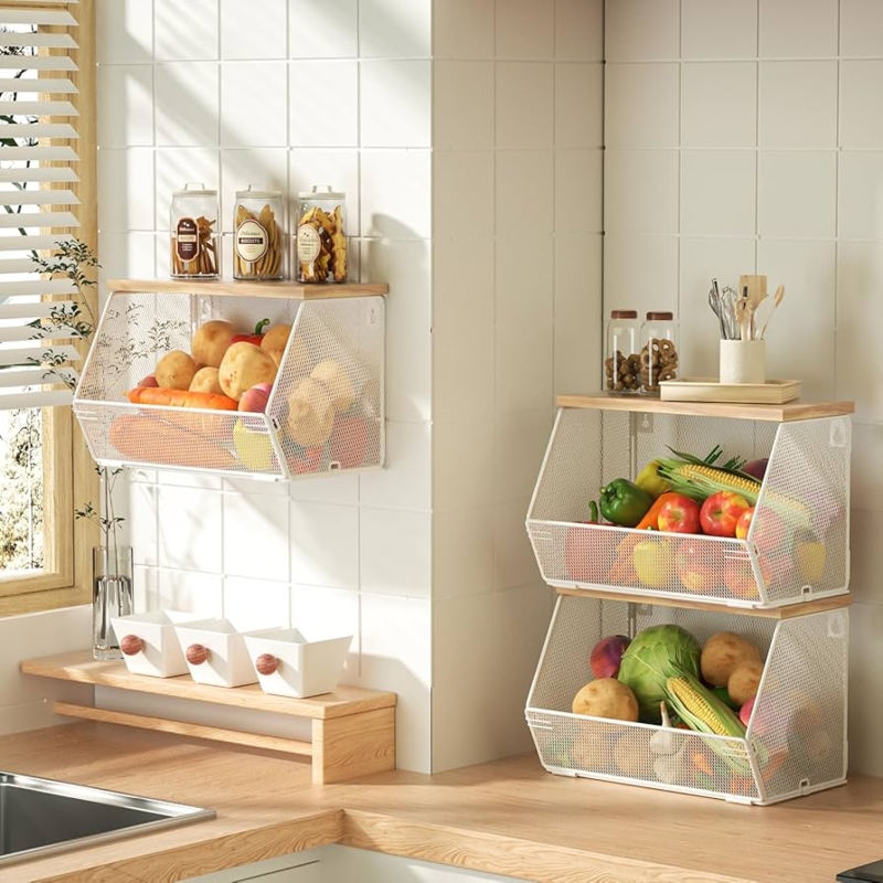 Stackable Wire Basket White Angled Mesh Opening Wood Topped