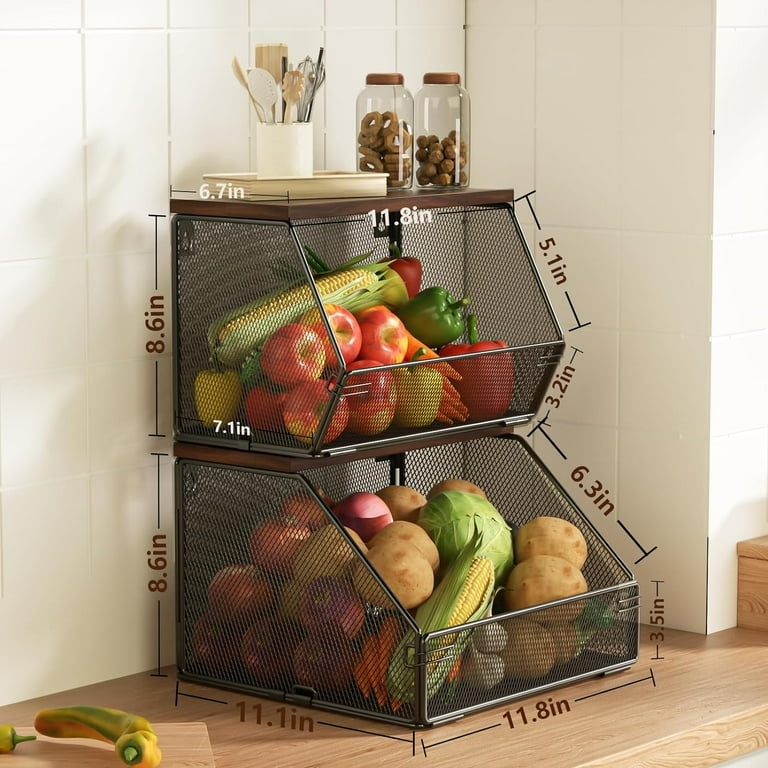 Stackable Wire Fruit Basket Matte Black Mesh Wood Top Shelf