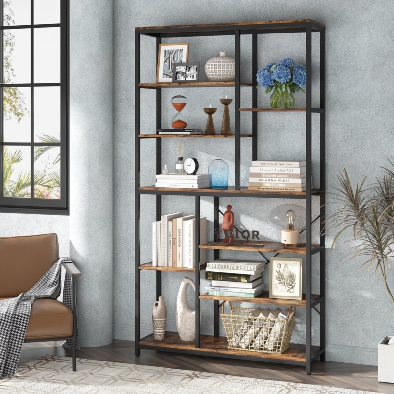 Staggered Bookcase: Industrial Etagere, Rustic Brown & Matte Black Frame
