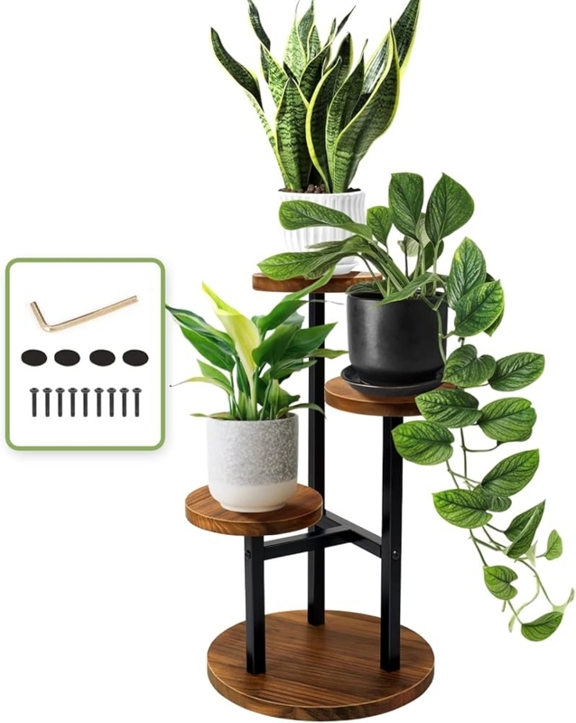 Staggered Tiered Plant Stand Circular Shelves Matte Black Metal Frame
