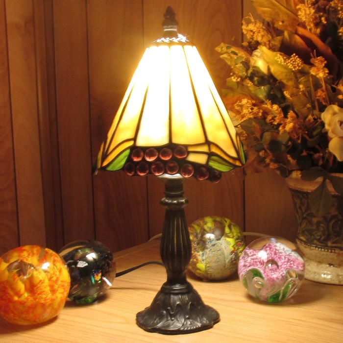 Stained Glass Lamp Satin Bronze Base Conical Shade Warm Cream Grape