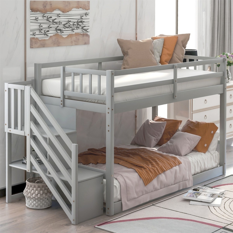 Staircase Bunk Bed Light Gray Low Profile Twin over Twin