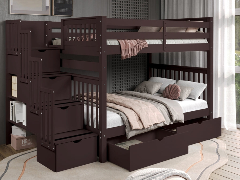 Stairway Bunk Bed Full Over Full Dark Cherry Storage Drawers