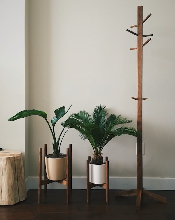 Standing Coat Rack Walnut Staggered Pegs Mid Century Tripod