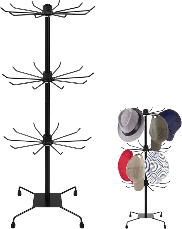 Standing Hat Rack 3-Tier Rotating Metal Cap Organizer Black
