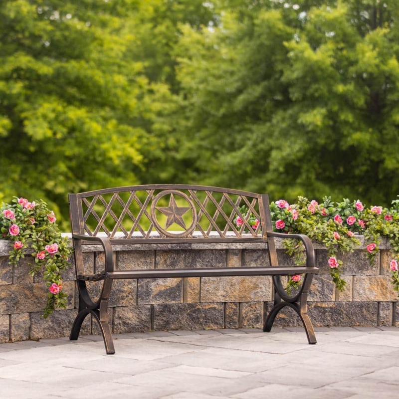 Star Back Emblem Garden Bench Antique Bronze Lattice Detail