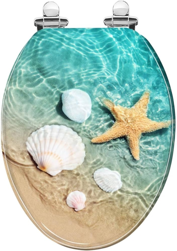 Starfish Bathroom Accessory: Elongated Turquoise Resin Seat with Shells.