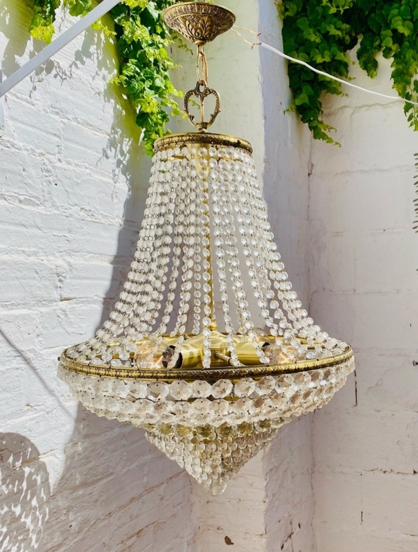Stately Brass Chandelier Ornate Canopy Faceted Crystals French Empire