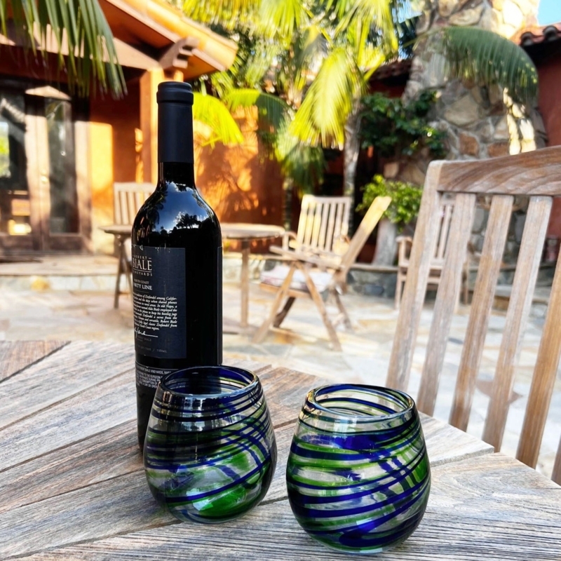 Stemless Wine Glass Blue Green Swirl Hand Blown Coastal Patio