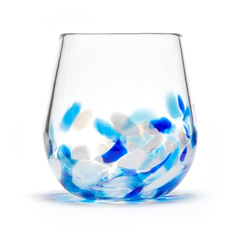 Stemless Wine Glass Cobalt Blue Confetti Pattern Hand Blown