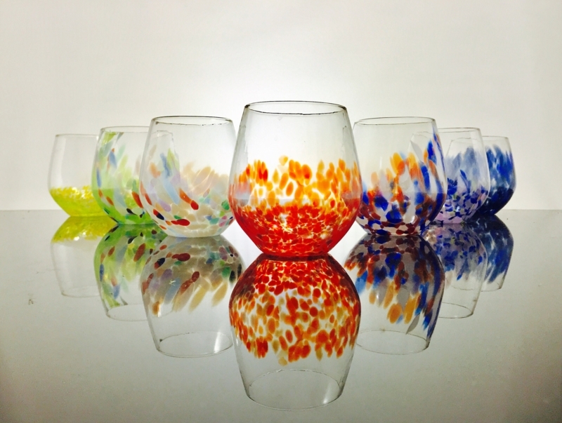 Stemless Wine Glass Multicolored Frit Speckled Hand Blown Vibrant
