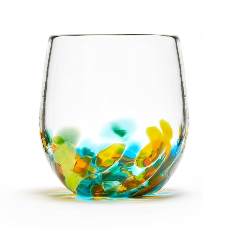 Stemless Wine Glass Organic Pattern Colorful Base Blown Contemporary