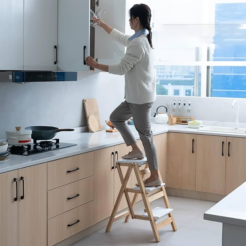 Step Ladder Foldable Three-Tier Wood Frame White Treads