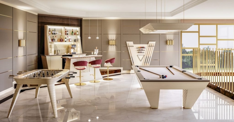 Stepped Pedestal Pool Table with Burgundy Velvet Stools