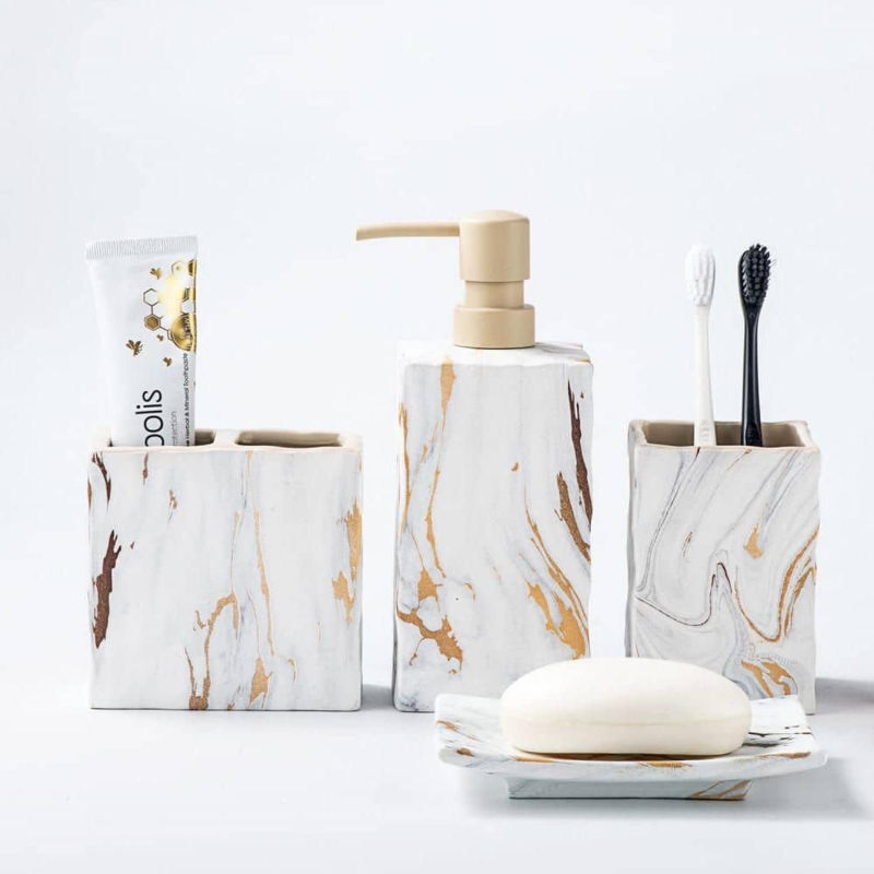 Stone-Like Bath Set White Gold Marbling Matte Pump Organic Edges