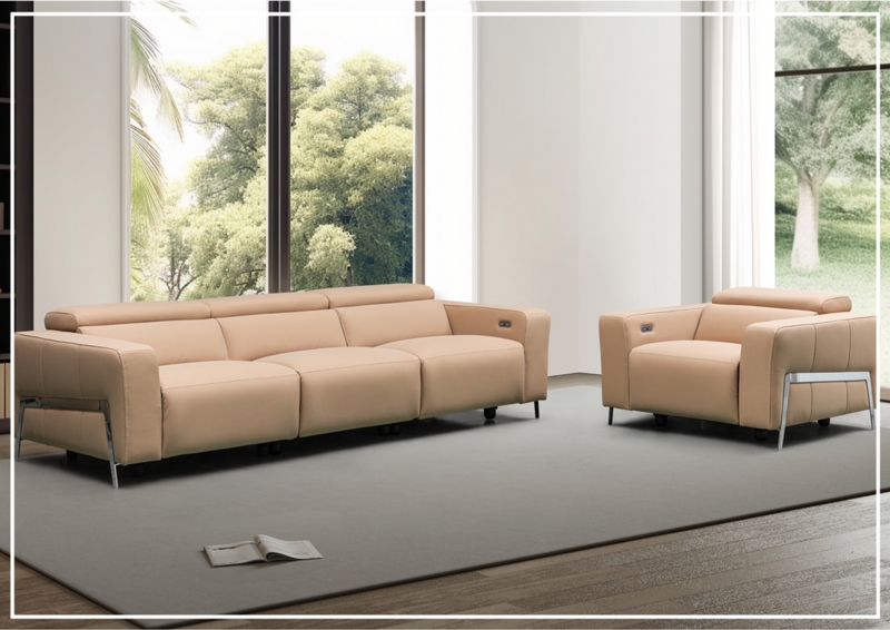 Stone Wash Leather Sofa on Polished Metal Sled Legs
