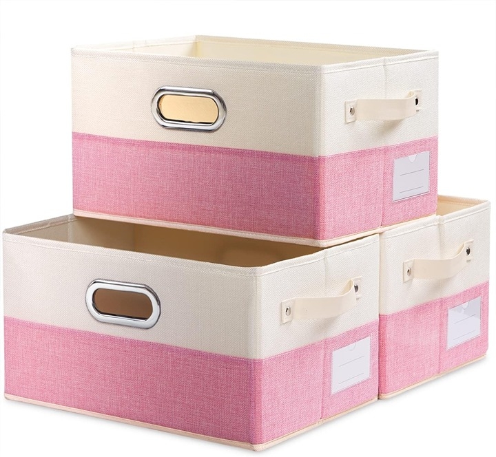 Storage Basket with Chrome Oval Handle and Two Tone Fabric
