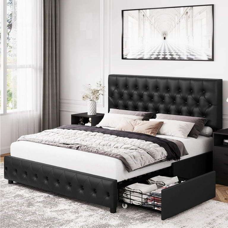 Storage Bed Button Tufting Four Rolling Drawers Adjustable Headboard