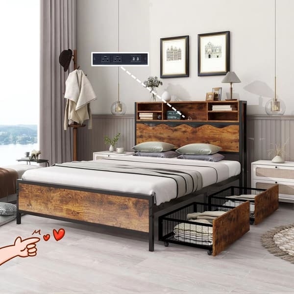 Storage Bed Frame Industrial Metal with Wire Mesh Drawers and USB