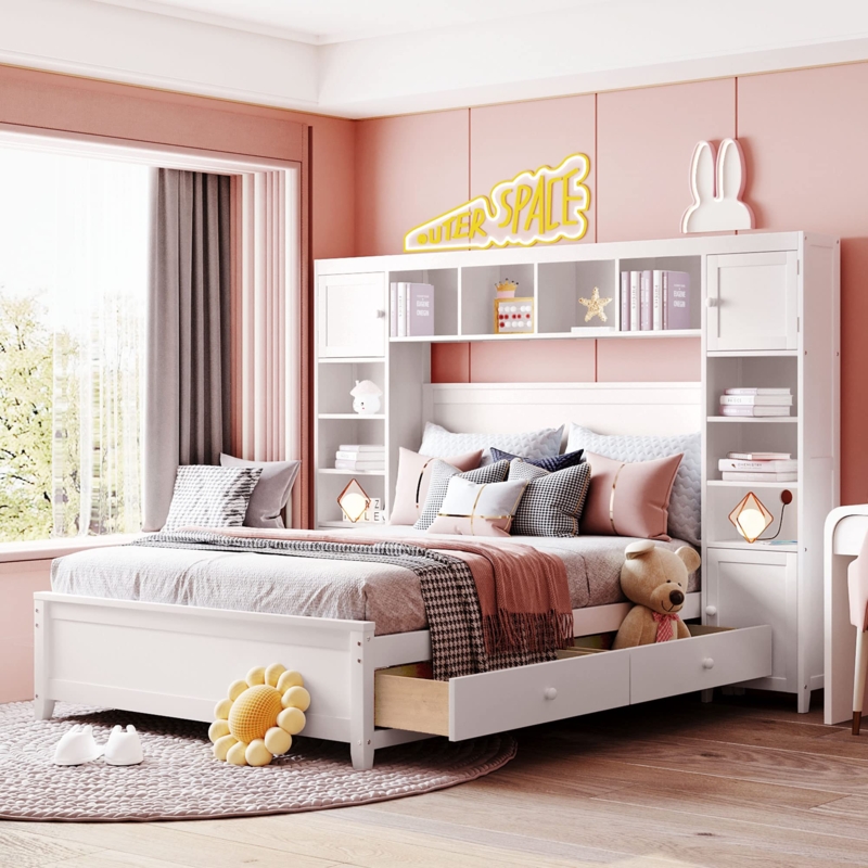 Storage Bed Matte White with Integrated Cabinets and Drawers