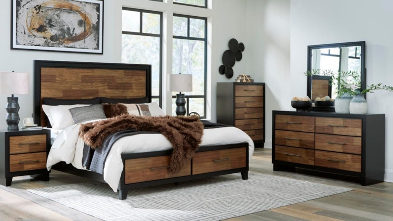 Storage Bed Set Paneled Headboard Two-Tone Finish Matte Black