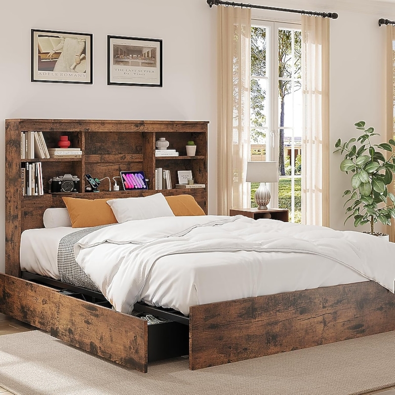 Storage Bed Vintage Brown Distressed Finish with Charging Station
