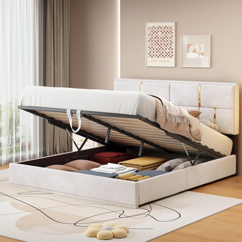 Storage Bed Warm Beige Hydraulic Lift Segmented Headboard Gold Inlays