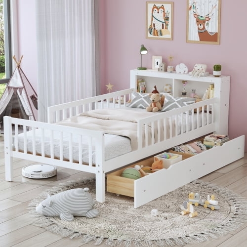 Storage Bed, White Bookshelf Headboard with Three-Side Guardrails