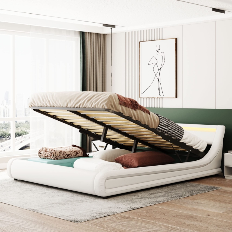 Storage Bed White Hydraulic Lift LED Headboard Curved Silhouette