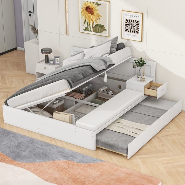 Storage Bed White Hydraulic Lift with Integrated Lounge Bench